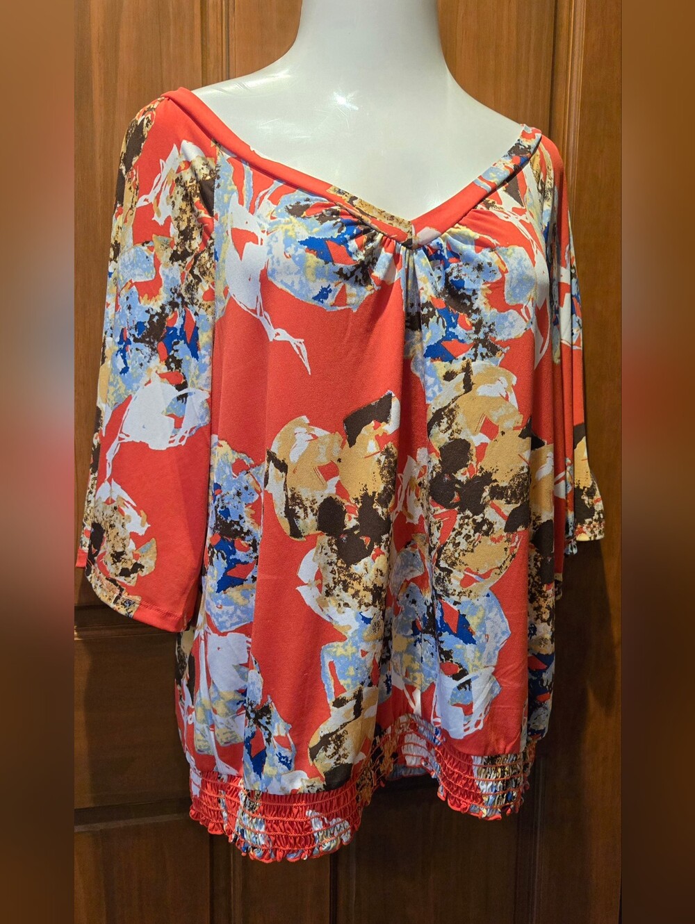 Style & Co. Coral Abstract Print Blouse with Smocked Hem